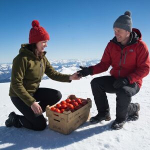 Two people sharing tomatoes in a snow-covered mountain setting.